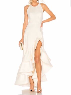 Bronx and Banco Cream High-Low Halter Ruffle Gown Small